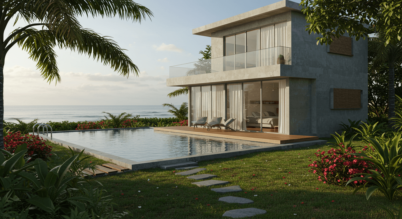 Casa moderna à beira-mar com piscina, cercada por plantas tropicais e vista para o oceano ao fundo.