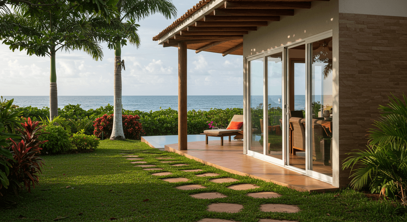 Casa à beira-mar com varanda de madeira, jardim com plantas tropicais, piscina e vista para o oceano ao fundo.