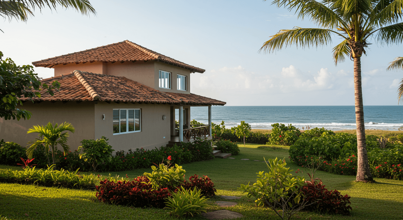 Casa de campo com telhado de telha cerâmica, jardim bem cuidado com arbustos e coqueiros, vista para o mar ao fundo, céu ensolarado.