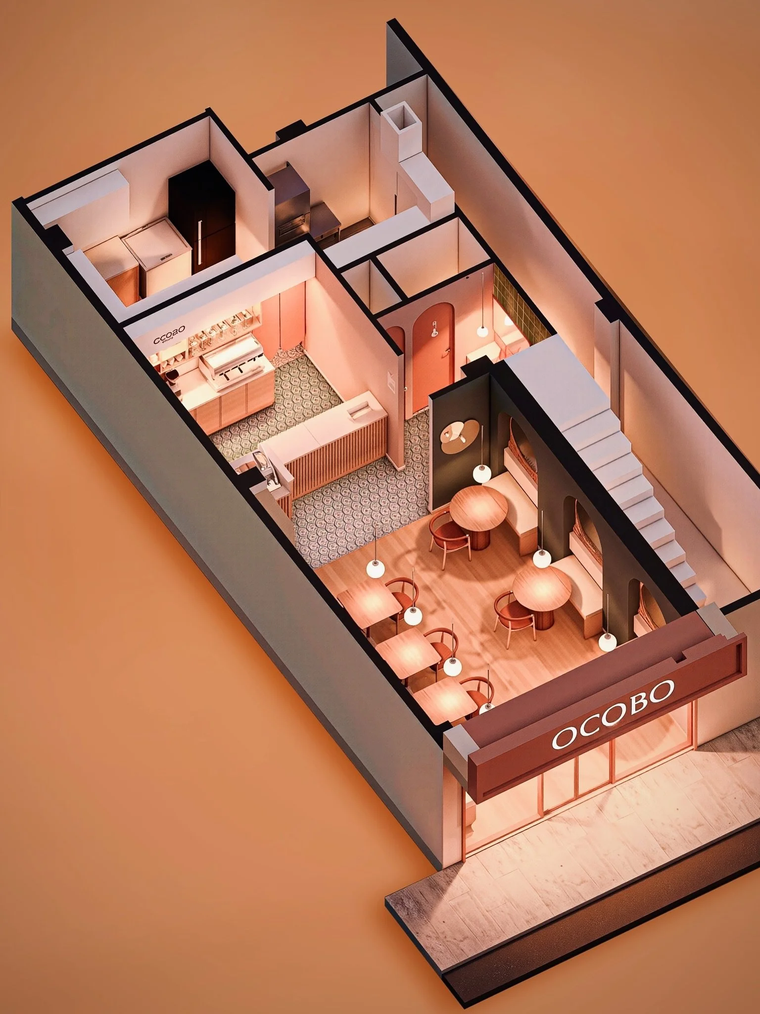𝐏𝐫𝐨𝐲𝐞𝐜𝐭𝐨 𝐎𝐜𝐨𝐛𝐨

Ocobo convierte un espacio compacto en una experiencia c&aacute;lida y eficiente.

La isometr&iacute;a revela una coreograf&iacute;a donde cocina, barra y espacio de mesas dialogan con la luz, la materialidad y la escala.