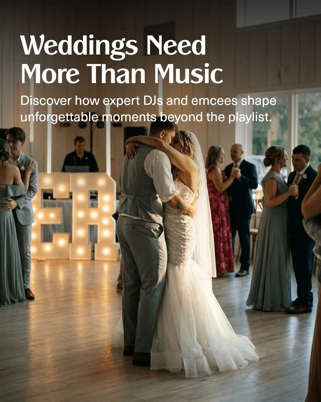 Your wedding needs more than music&mdash;it needs a guide to the flow, energy, and moments that matter. Expert DJ and Emcee services craft an experience that keeps every guest engaged. 30+ years of precision and personality.