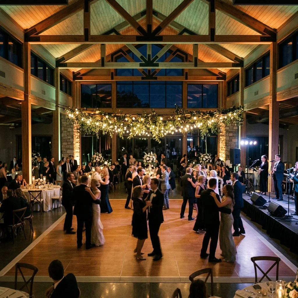 Lighting isn't just decoration&mdash;it dictates the flow of your room.

Your Emcee and DJ coordinate dynamic uplighting enhancements.
Static elegance for dinner formalities.
Custom color matching (they picked Warm Amber).
Precision beat-synced trans