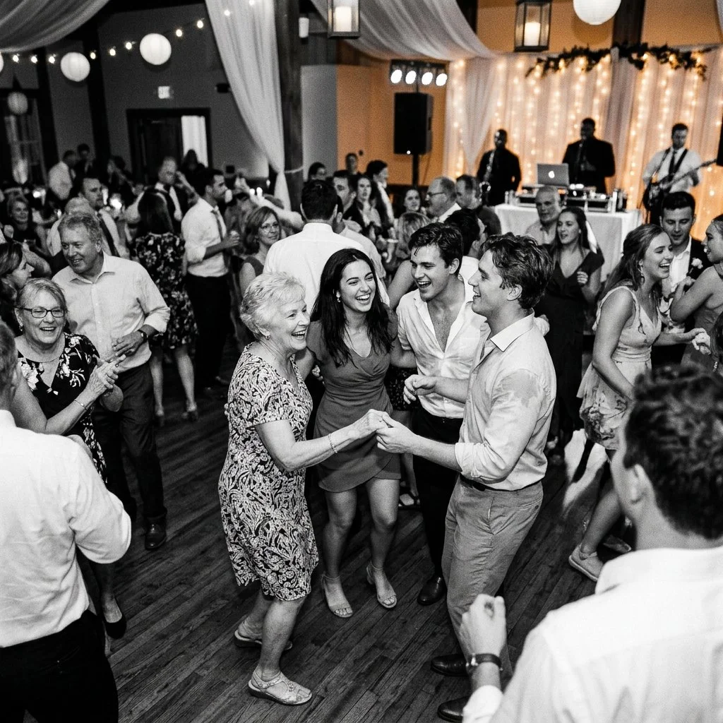 Not just music.

A static playlist fails when the room's energy shifts.

We guide the flow&mdash;keeping all generations dancing together.

As your Emcee and DJ, we ensure precision.

Custom soundscapes.
Smooth transitions (they loved country hits).
