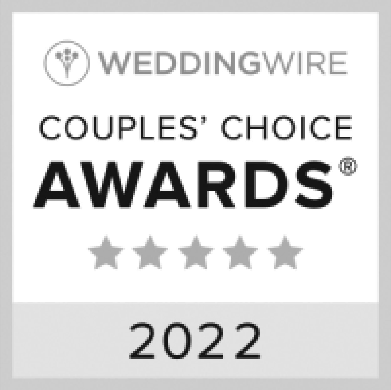 WeddingWire Couples' Choice Awards 2022 badge with five stars.