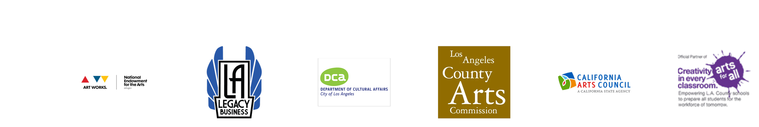 Logos of various arts organizations, including LA Arts, California Arts Council, and LA County Arts Commission, on a black background.