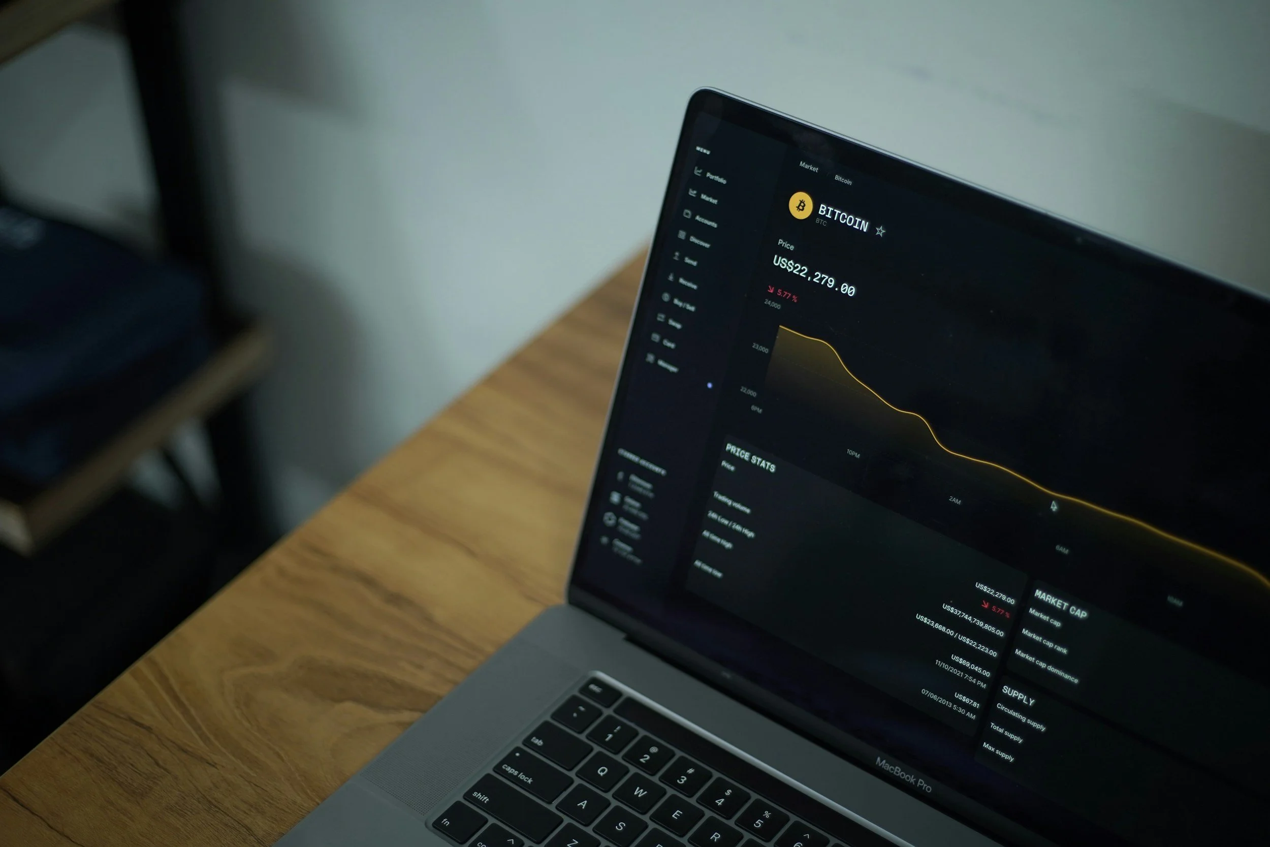 A MacBook Pro laptop displaying a cryptocurrency trading app with a Bitcoin price chart and statistics on a wooden desk.