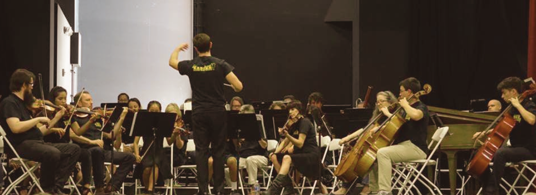 Orchestra rehearsing with a conductor, featuring string musicians such as violins, cellos, and double basses on stage.