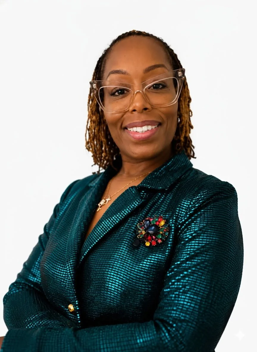 Close-up of a woman with red lipstick, wearing large clear glasses, earrings, and a red top, in a modern indoor setting with glass windows.