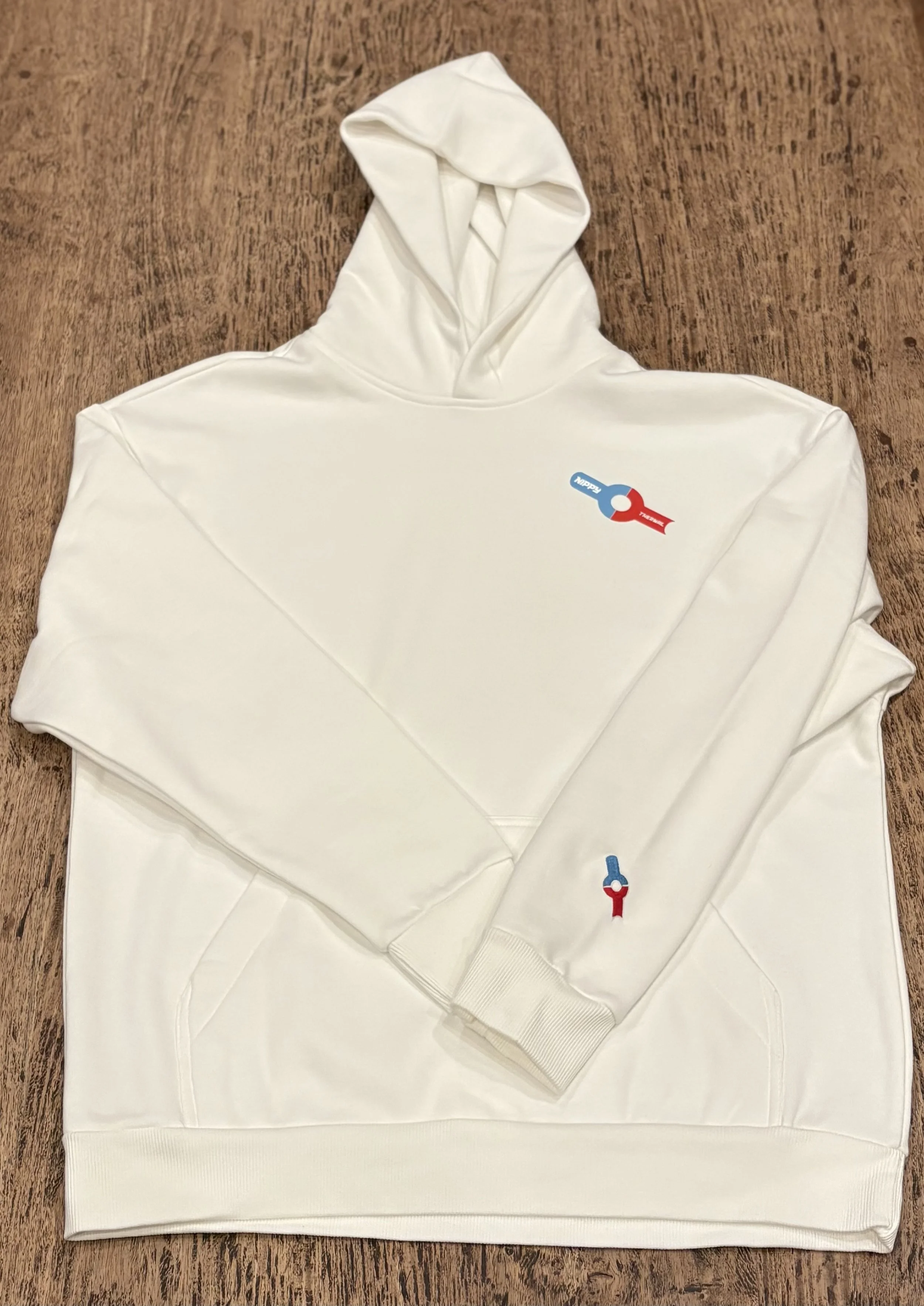 White Nippy Thermal heavyweight hoodie with Get Nippy graphic on back