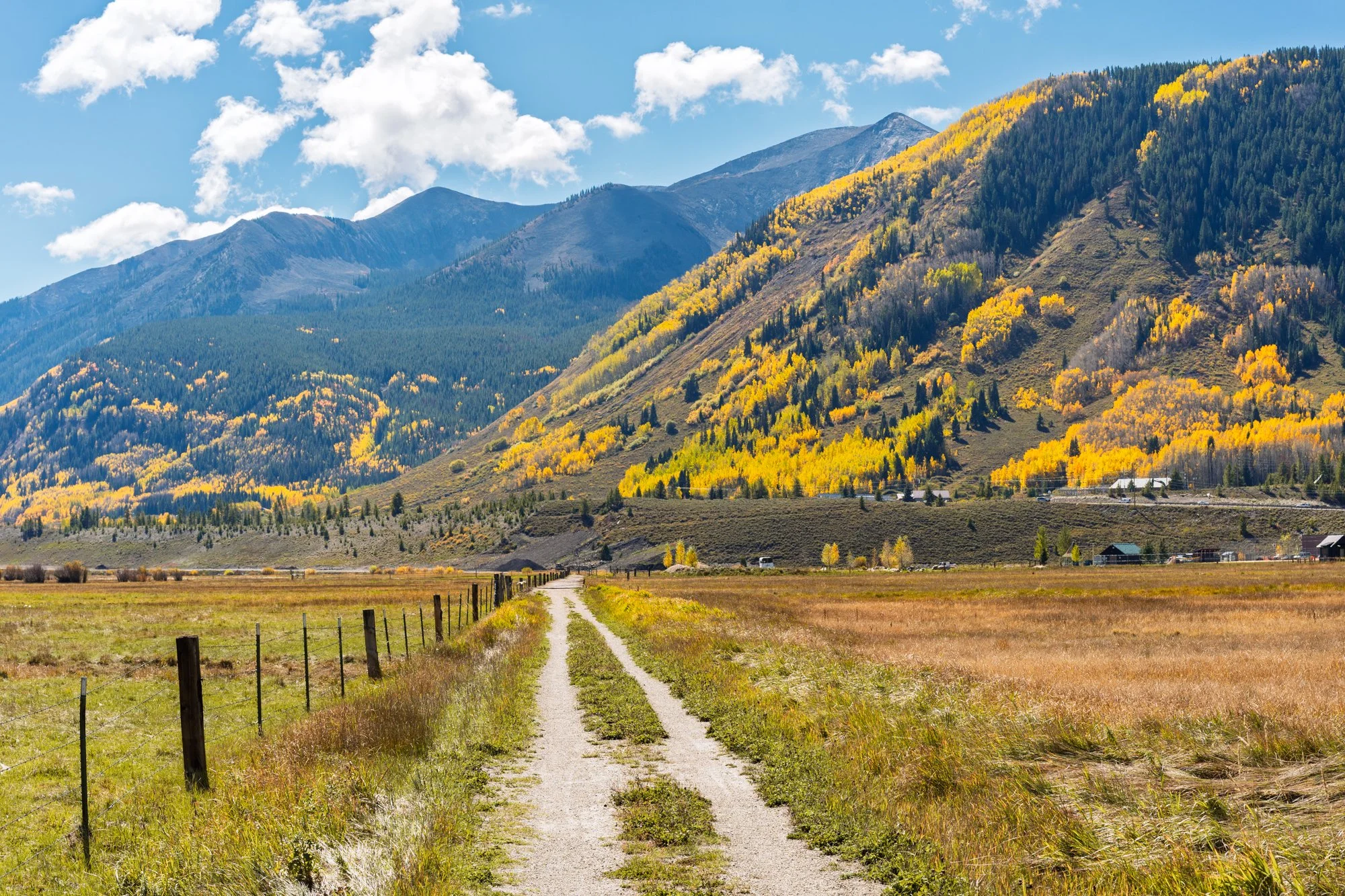 A dirt road through a grassy field leading towards mountains with autumn foliage, under a partly cloudy sky.