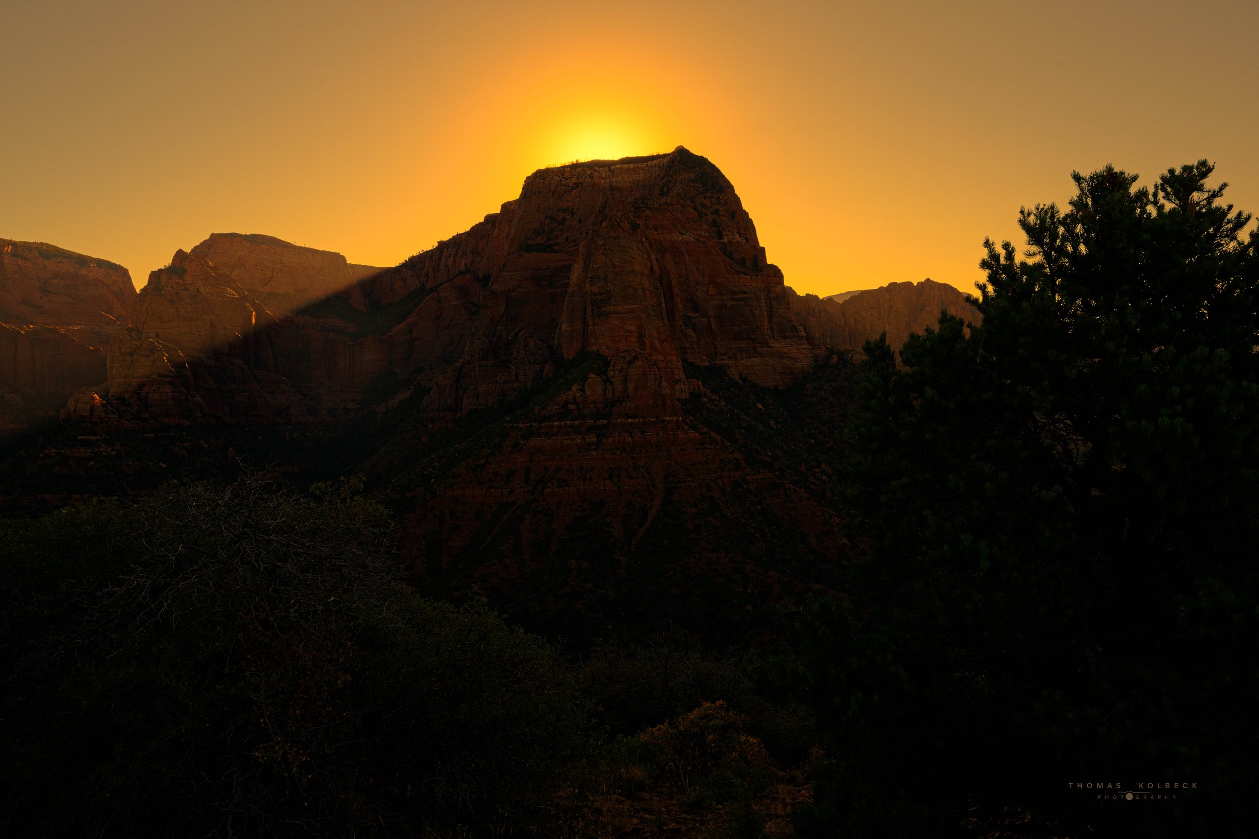Sunset over a rugged mountain in the Grand Canyon with dark silhouette trees in the foreground.