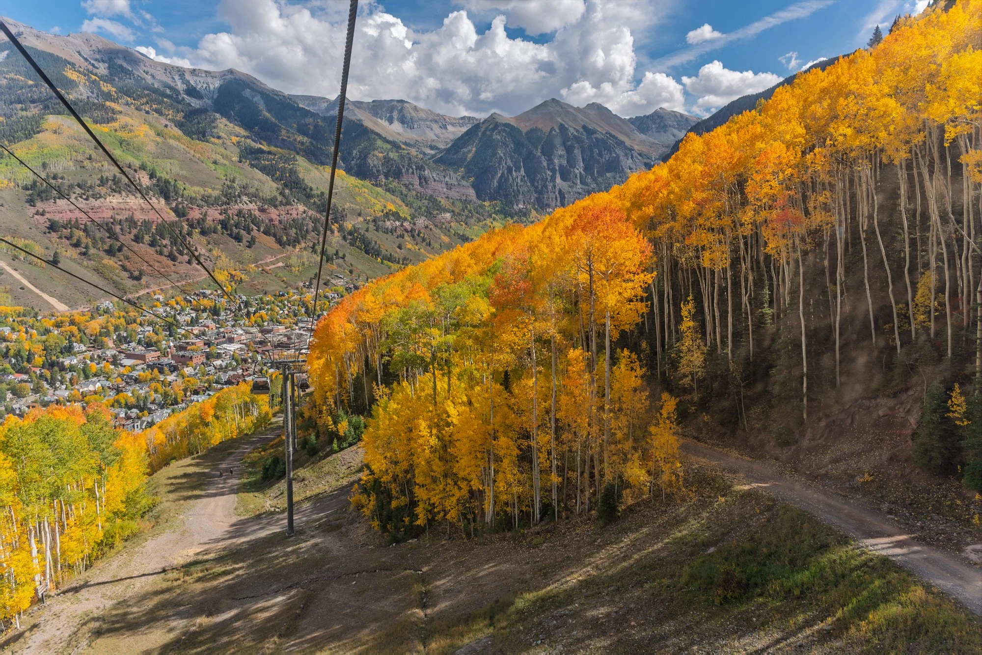 Scenic view of a mountain valley with colorful autumn trees, a small town, and a ski lift going up the mountain.