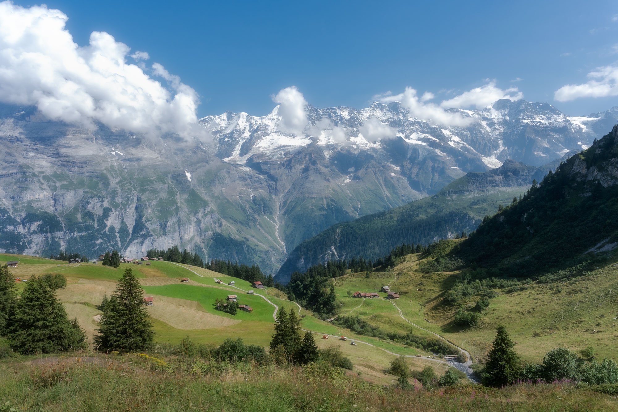 Scenic view of green rolling hills with scattered houses, dense trees, and a stream, against a backdrop of snow-capped mountains and a partly cloudy blue sky.