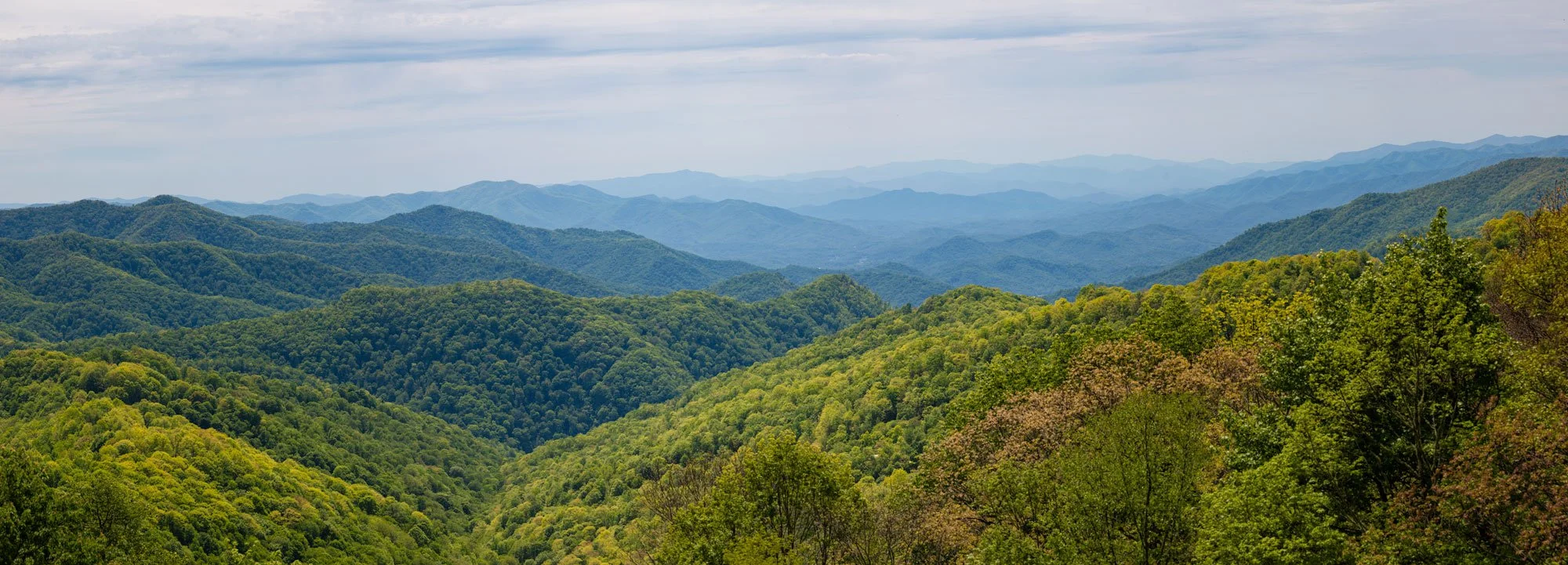 A panoramic view of lush green mountains with multiple ridges stretching into the distance under a cloudy sky.