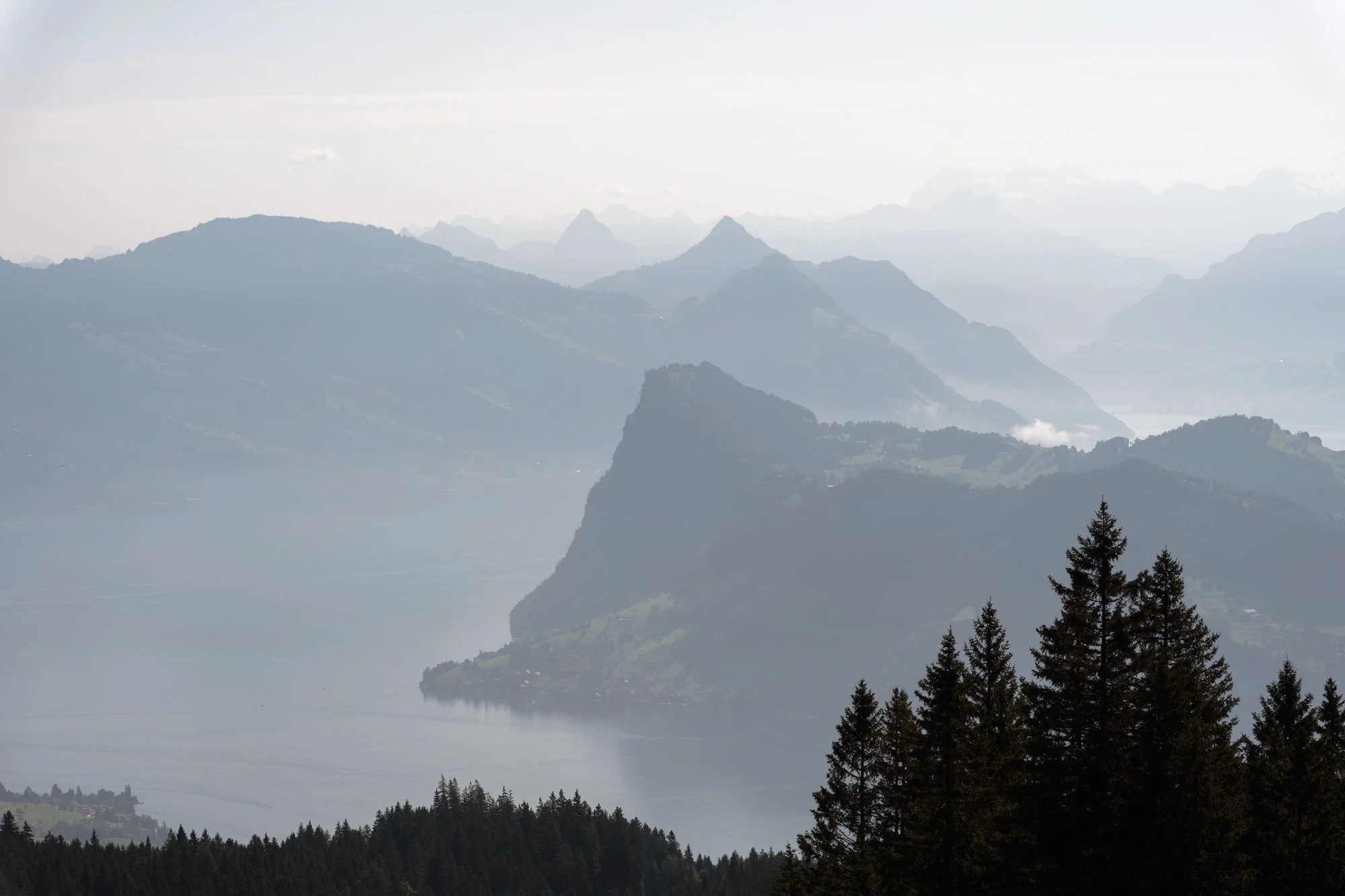 Scenic view of misty mountains with lush forest in the foreground, a body of water, and cloudy sky.