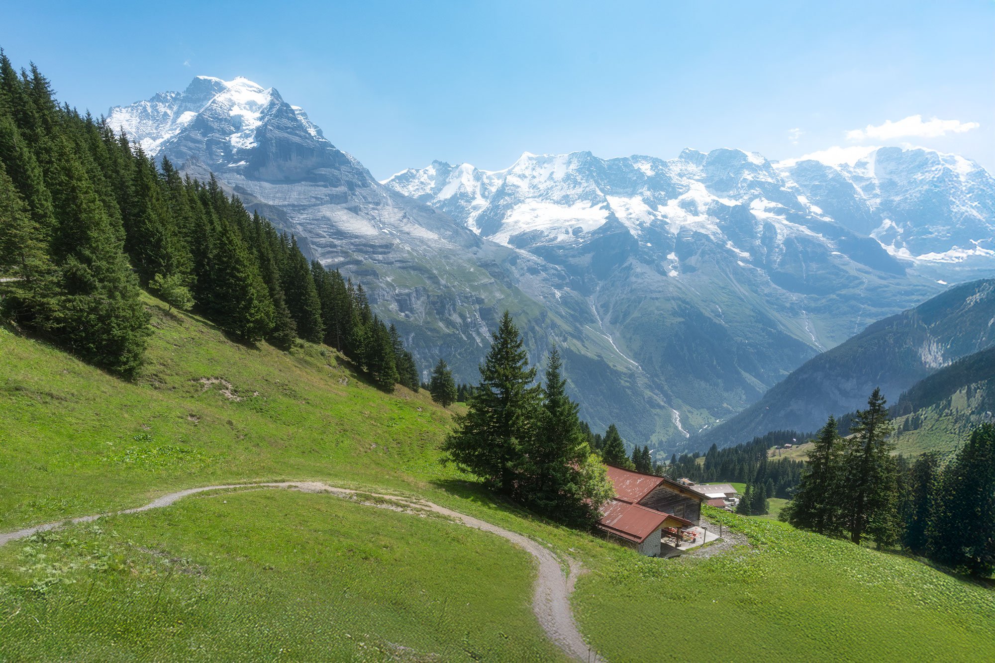 Scenic view of green hillside with a winding dirt path and a wooden cabin, surrounded by tall evergreen trees, with snow-capped mountains and blue sky in the background.