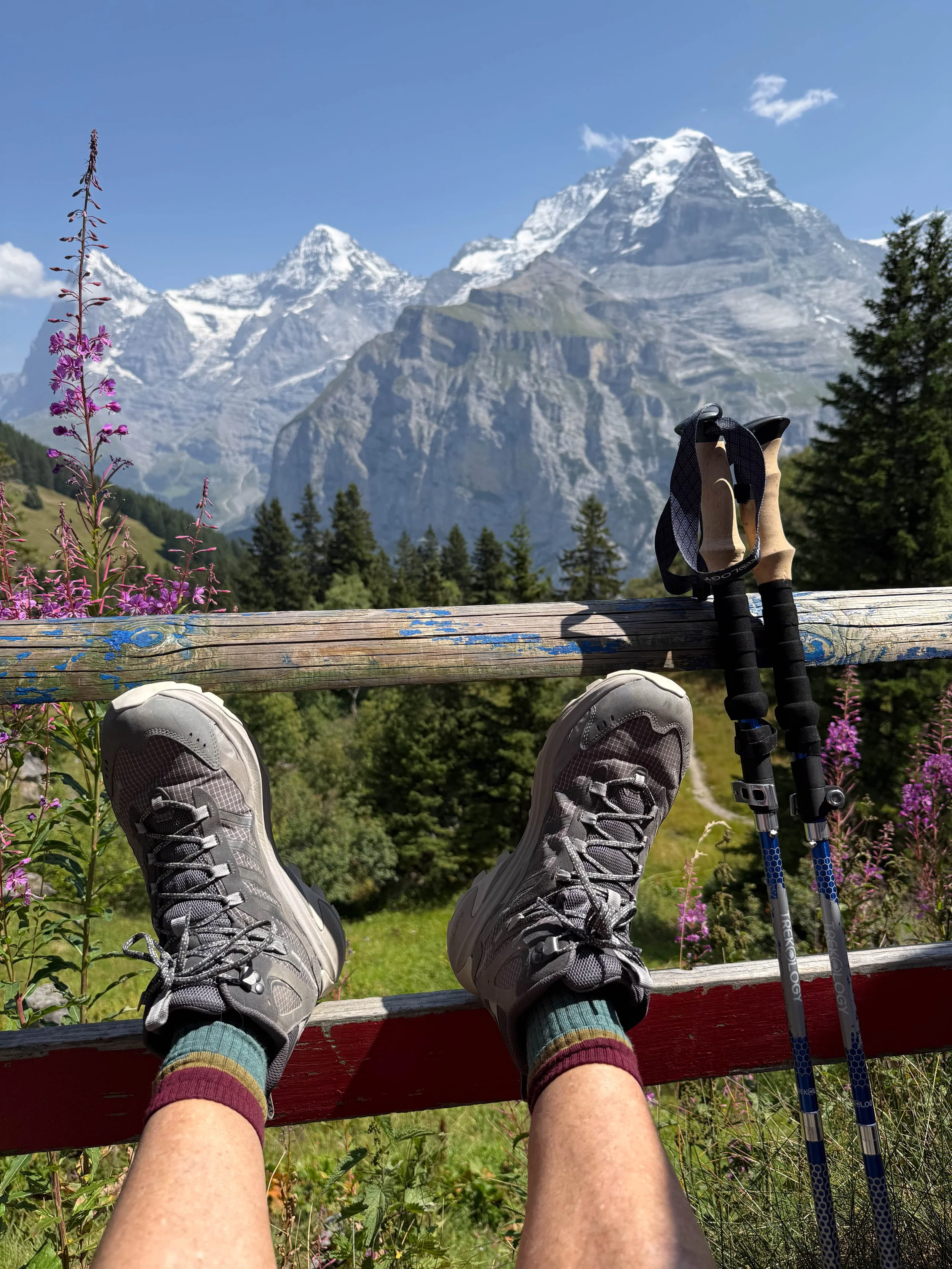 Hiker's view of the Swiss Alps, with snow-capped mountains, green trees, purple flowers, and hiking poles, seen from a resting spot with feet up on a wooden railing.