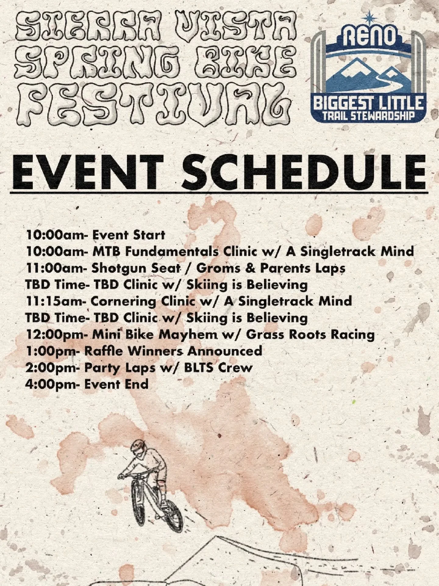 Sierra Vista Spring Bike Festival Schedule and information! 

In just over a week on 5/3 at 10AM, the BLTS will be putting on our second annual Sierra Vista Spring Festival at the Sierra Vista Bike Park at 1695 Beaumont Pkwy in Reno. Below are some t