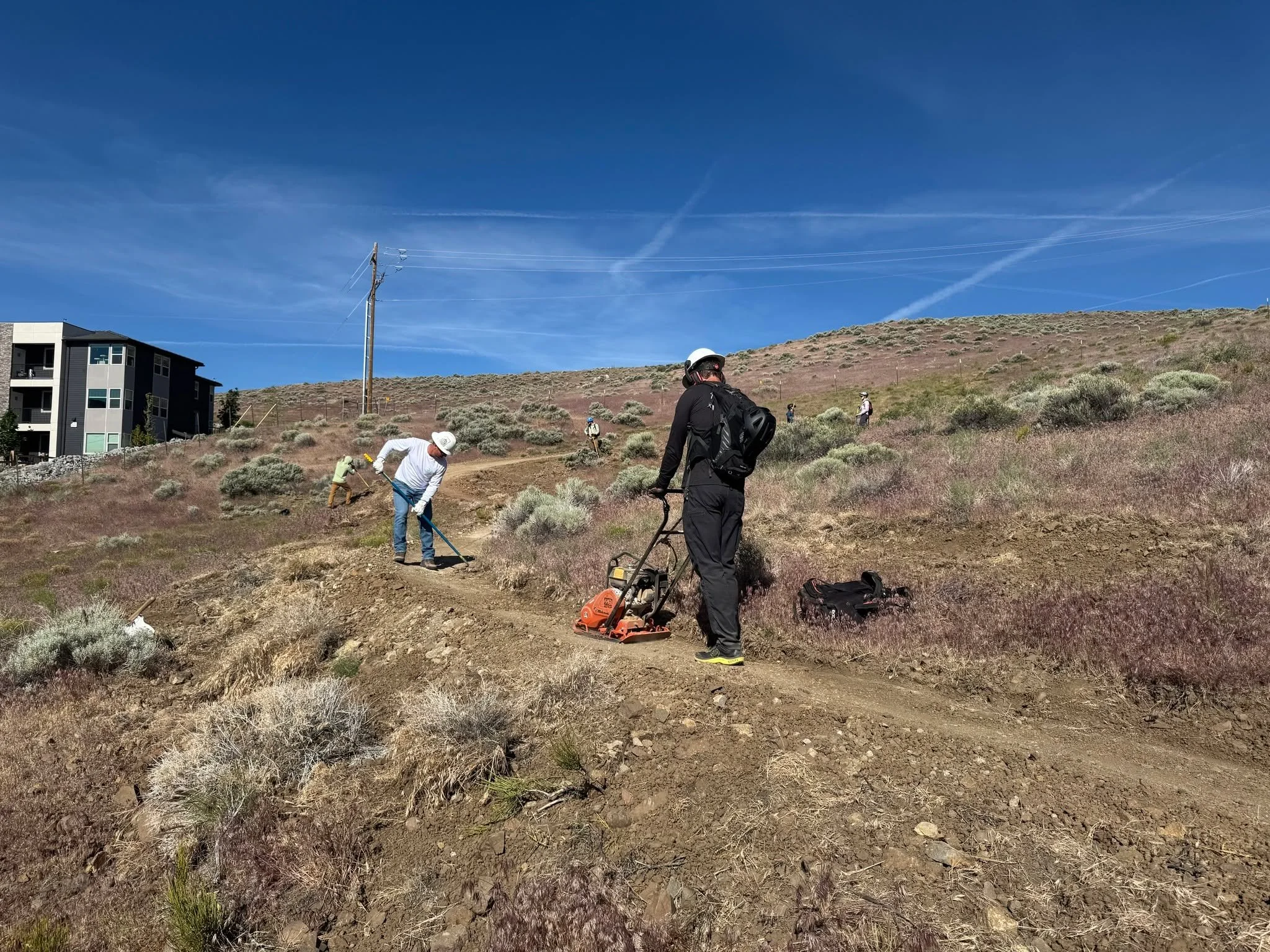 Had a great Army of 9 out to hand finish the enhancements to the P-Drop Trail of the Peavine Trail Network by the East Keystone Trailhead. We mostly beat the heat and we were done by 11:30 AM.  We naturalized the borrow pits and sides of trail, did s