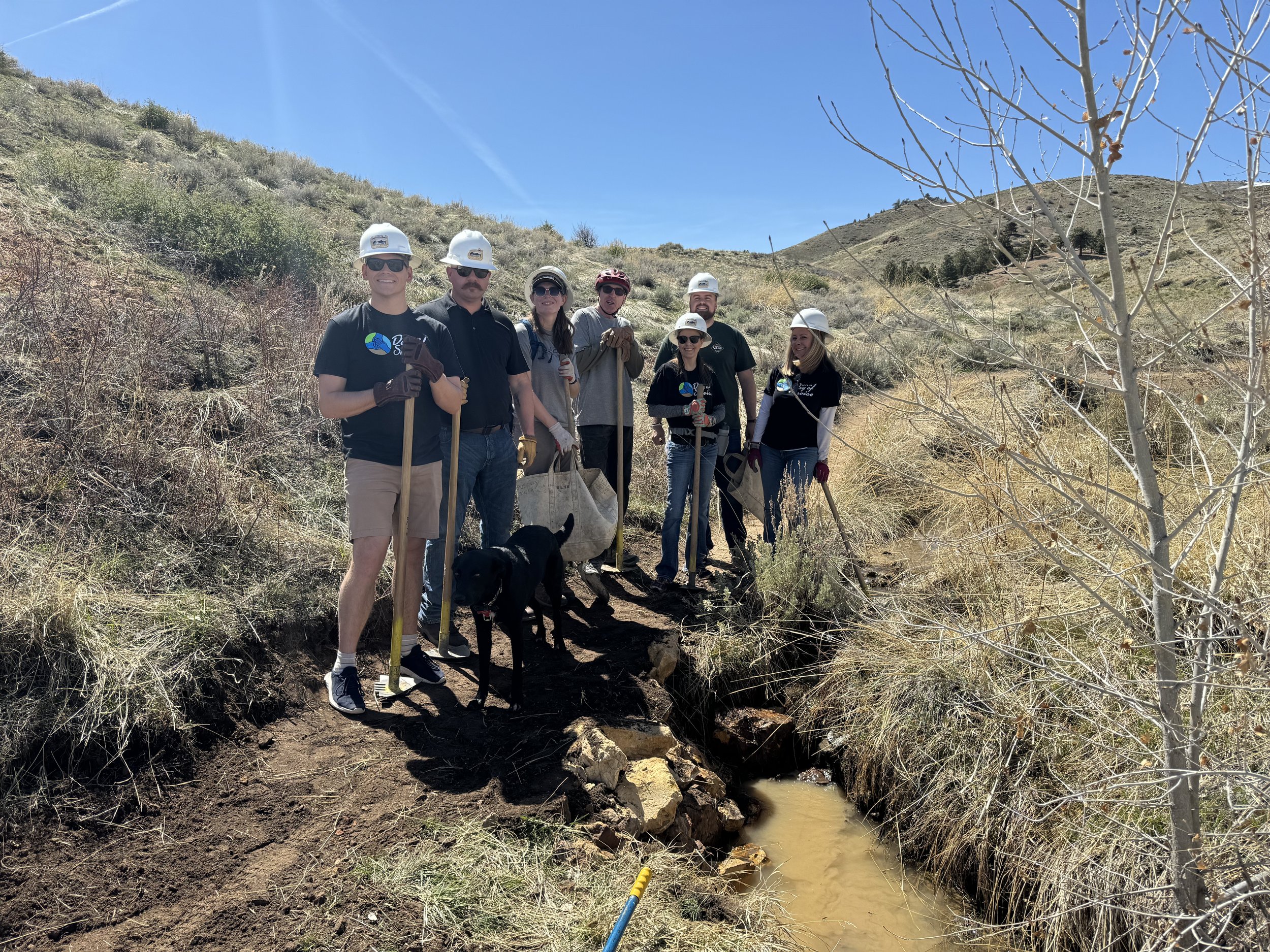 Group of seven people and a dog working on a creek in a dry, grassy landscape under a blue sky, wearing hard hats and gloves, some holding tools.