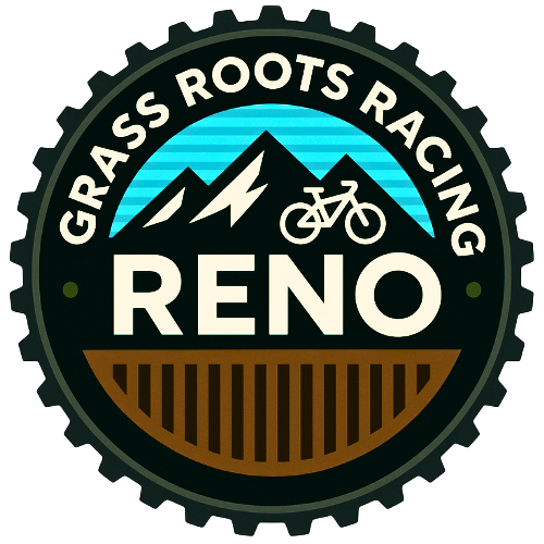 Logo of Grass Roots Racing in Reno, featuring mountains, a bicycle, and a brown track at the bottom.