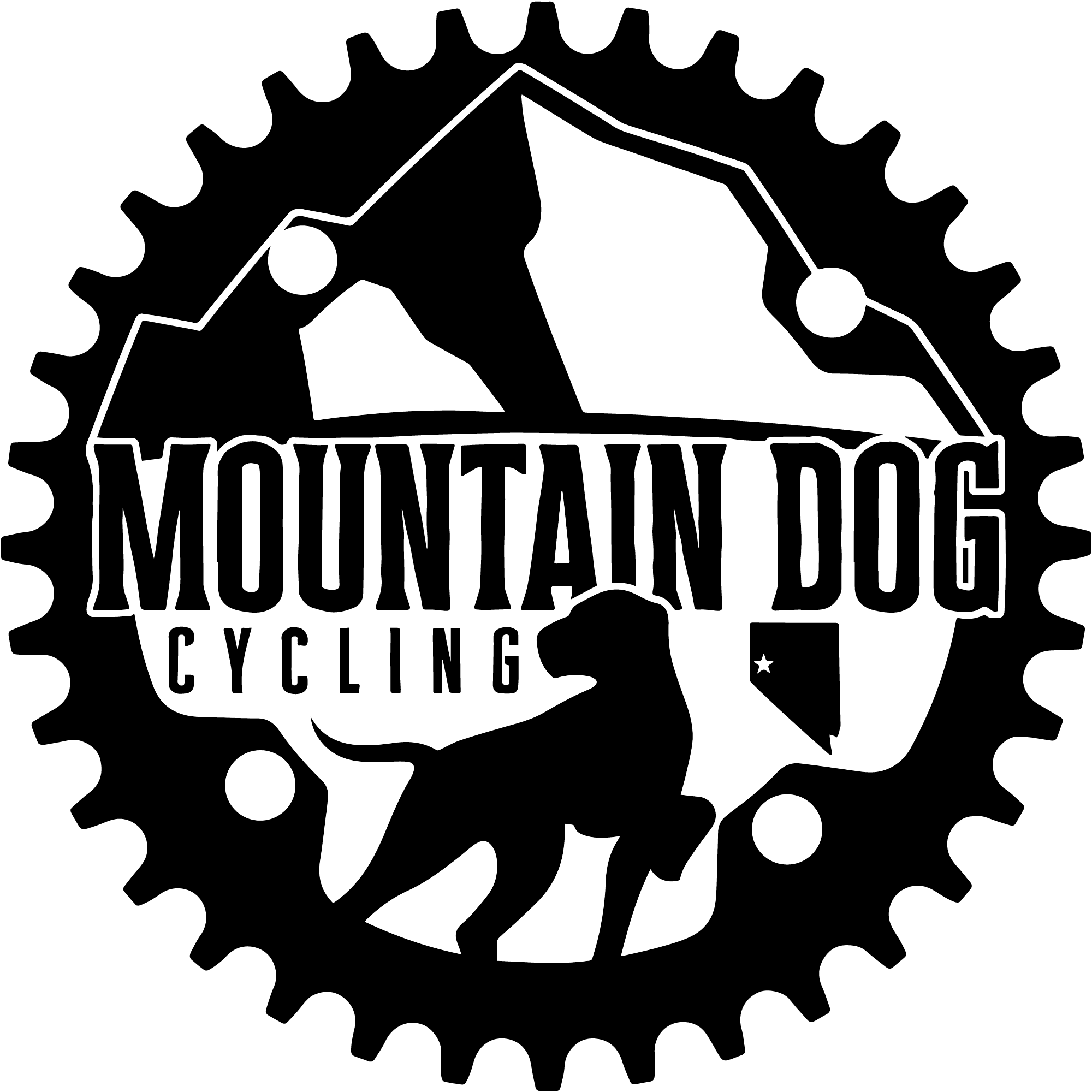 Black and white logo for Mountain Dog Cycling featuring a mountain bike chainring, a mountain silhouette, a dog silhouette, and the Texas flag.