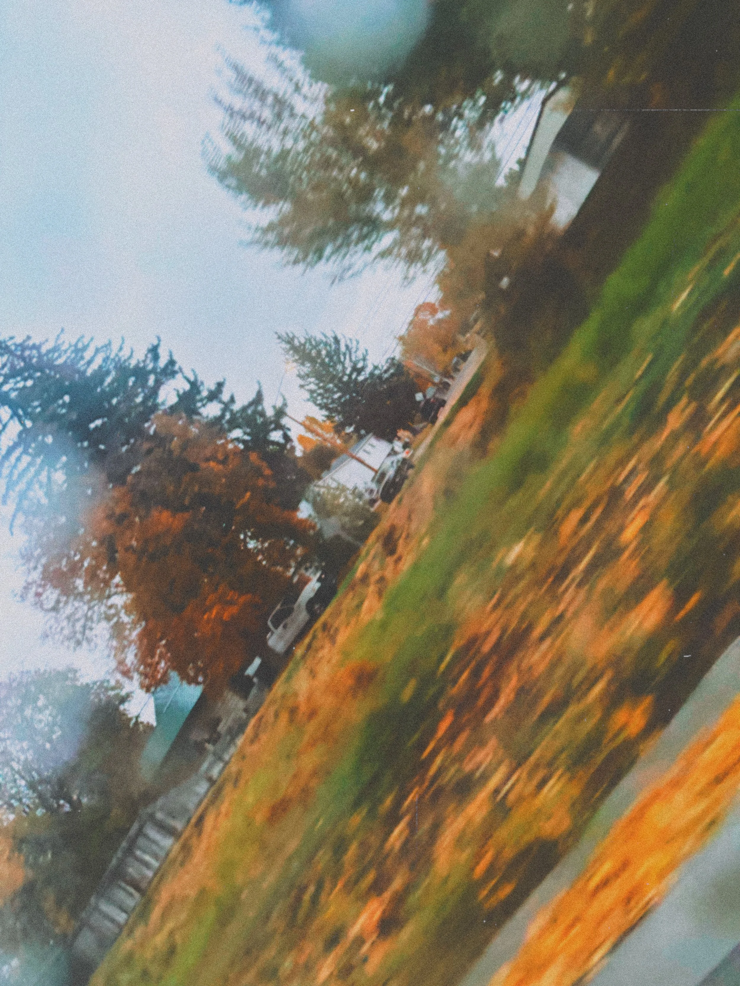 A blurry outdoor scene with trees in fall colors, parked cars, a fence, and a sidewalk.