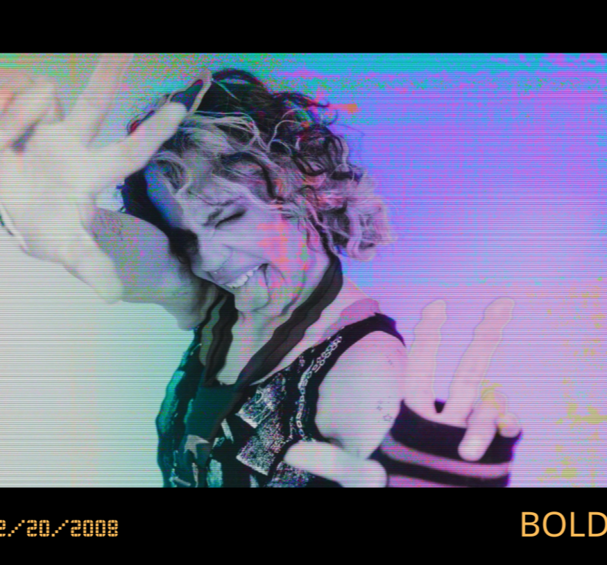 Young woman with curly hair making peace signs and smiling, wearing a streetwear outfit, in a colorful photo with glitch effect.