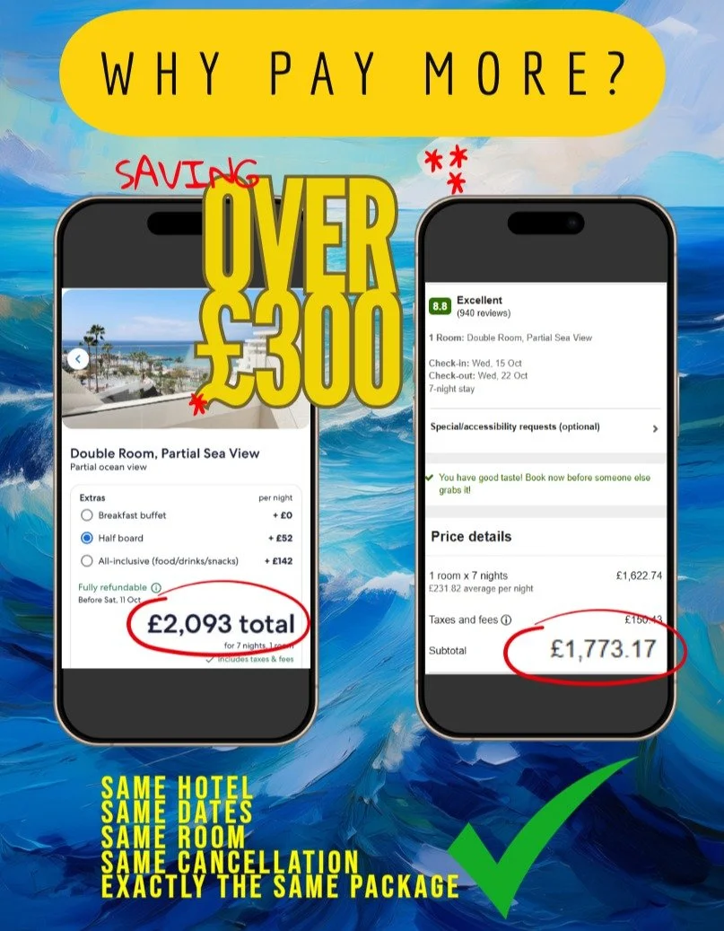 💸 Why pay more when you don&rsquo;t have to?
Someone reached out to us earlier and we found the exact same hotel, same dates, same room &mdash; but saved over &pound;300. Holiday booked and that's an extra few hundred spending money 👀✨

✅ My Price:
