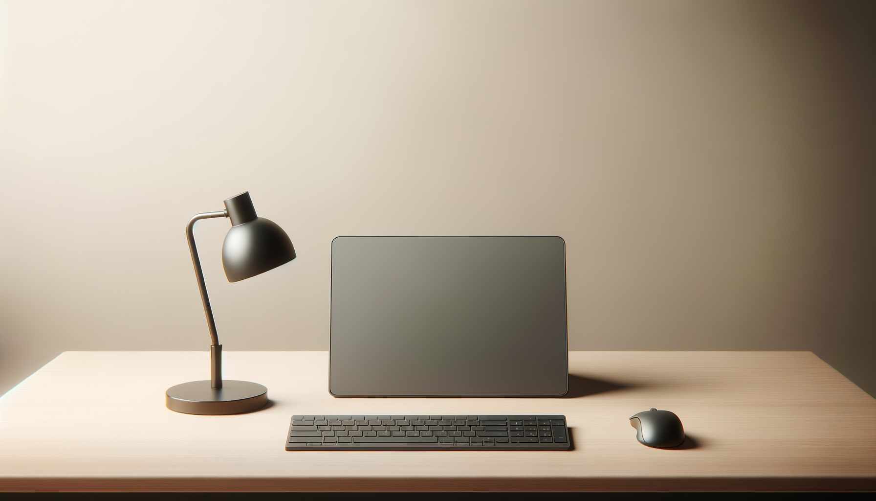 Minimalistic desk setup with a black desk lamp, closed gray laptop, black keyboard, and gray mouse on a light wooden desk against a beige wall.