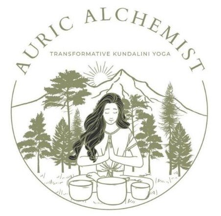 Illustration of a woman practicing kundalini yoga outdoors with mountains and trees in the background, surrounded by a circular border with the text 'AURIC ALCHEMIST' and 'Transformative Kundalini Yoga'.