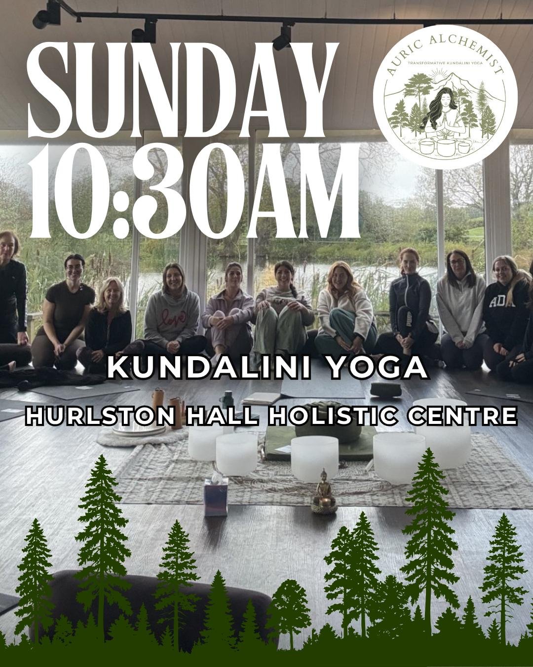 Soulful Sundays Kundalini Yoga session in a room with large windows overlooking a lake and trees. The session is scheduled for Sunday at 10:30 AM at Hurlston Hall Holistic Centre, Scarisbrick, Ormskirk
