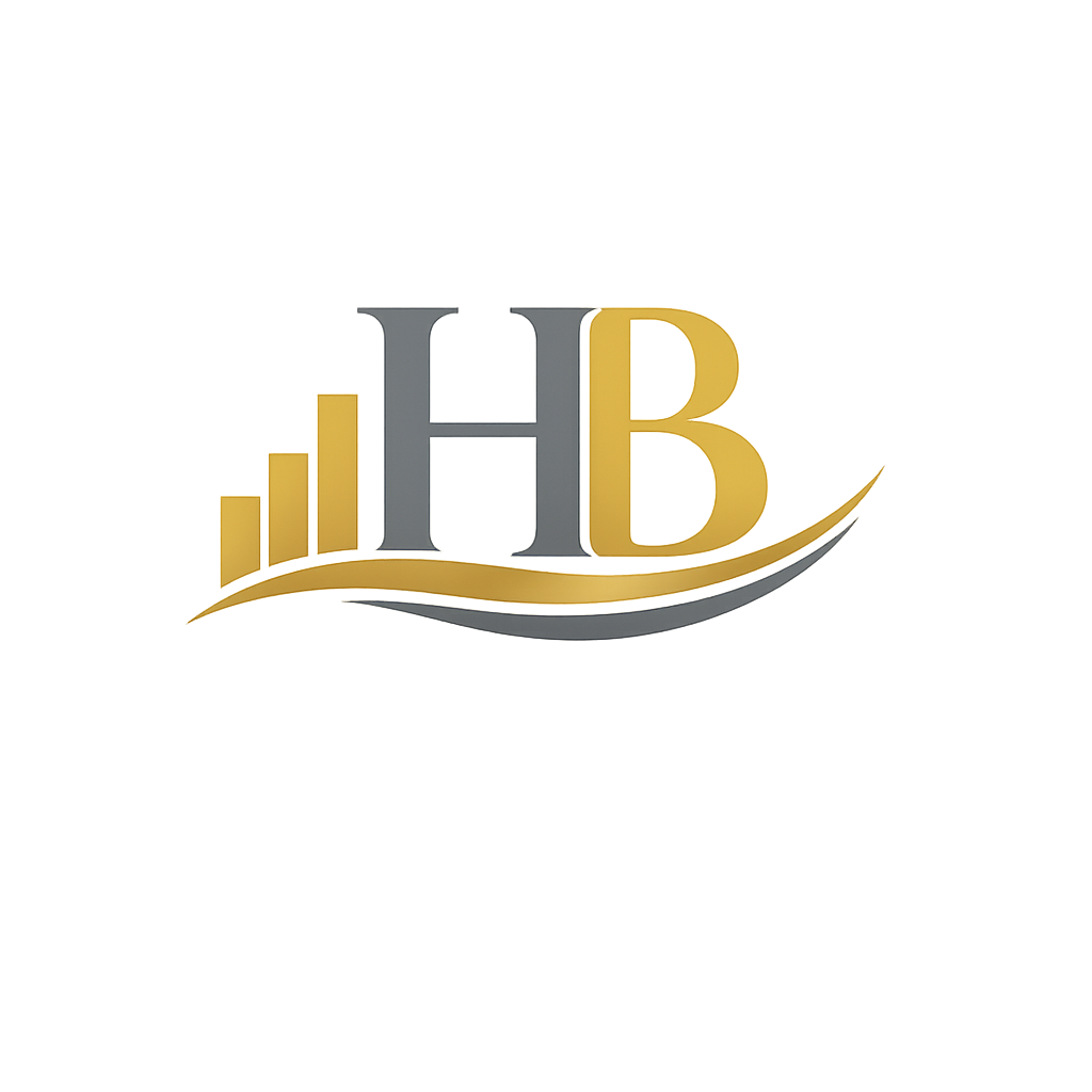 A logo with the letters 'HB' in gray and gold, with a gold upward graph bar and a swoosh design.