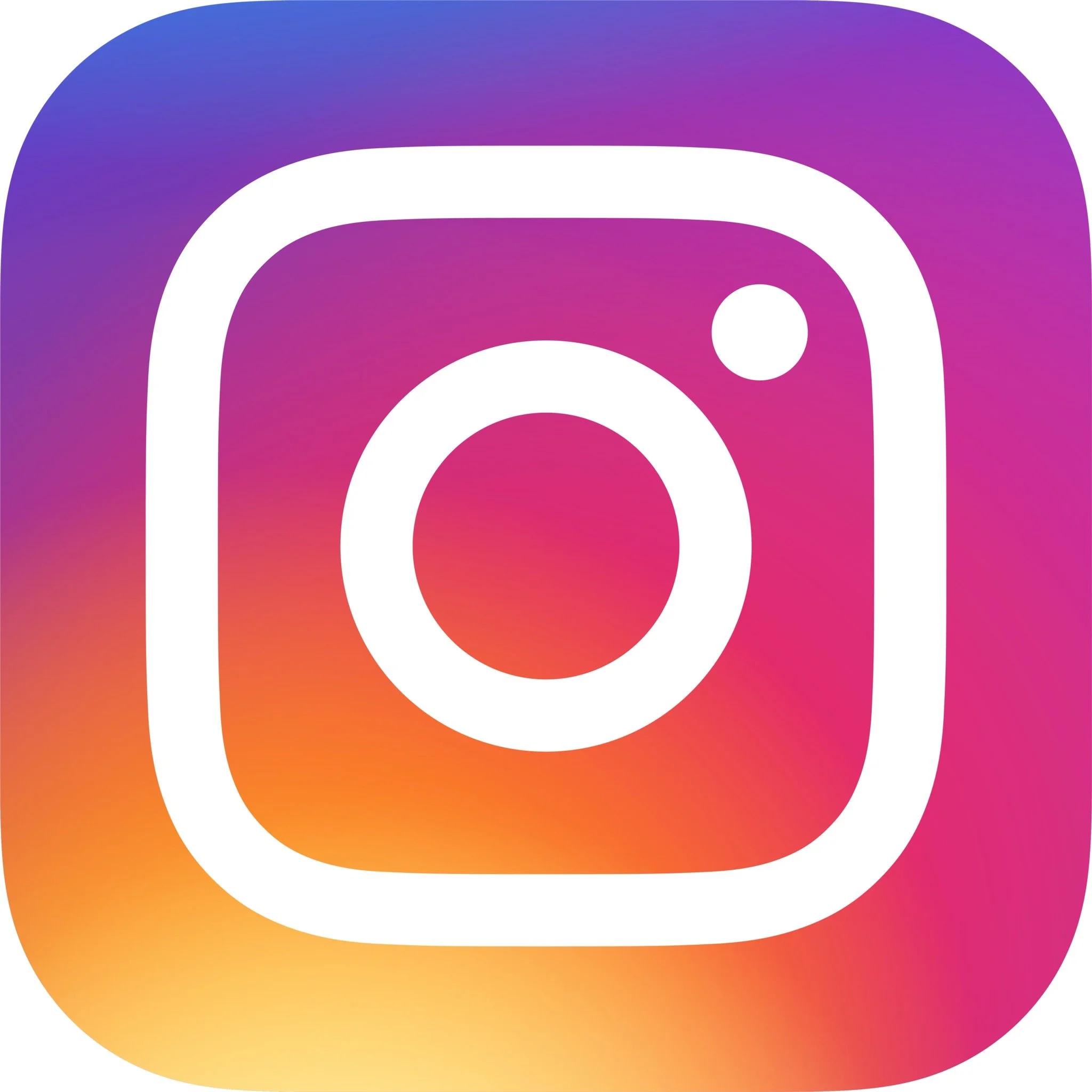 Instagram logo with a white outline on a colorful gradient background of purple, pink, orange, and yellow.