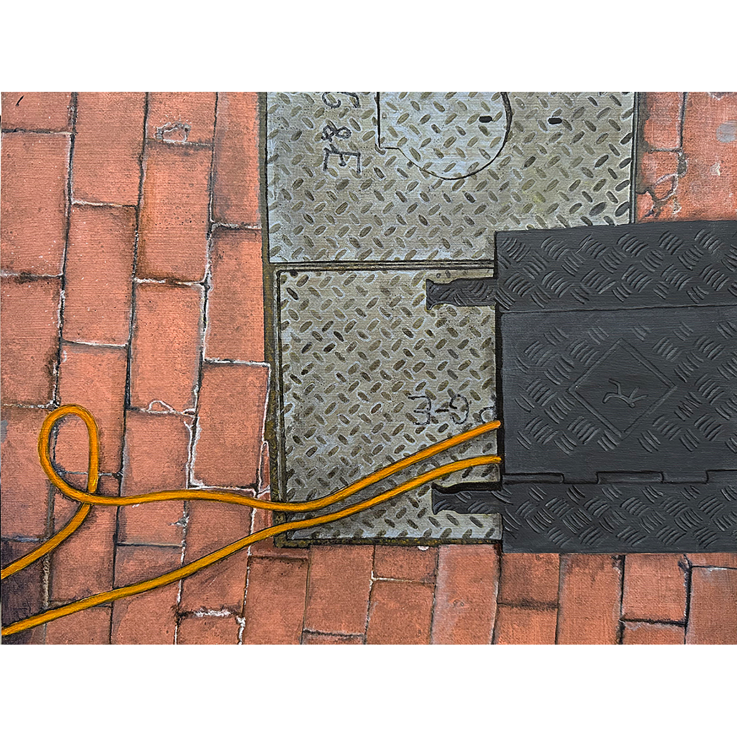 “Bricks, Power Cord, Utility Covers”, acrylic on panel, 2024, 11˝x14˝