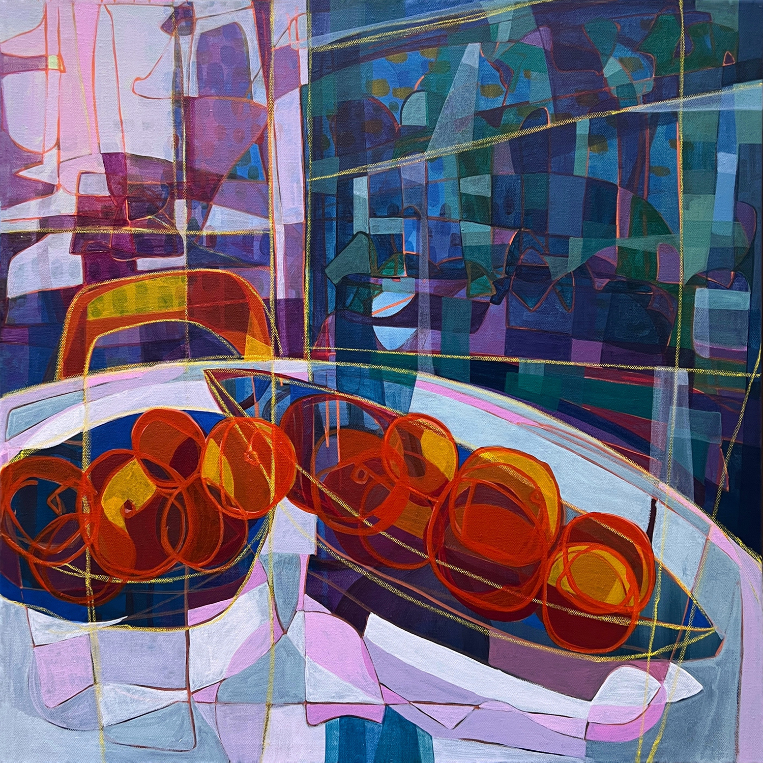 “Kitchen Table with Fruit”, acrylic and china marker on canvas, 2024, 24˝x24˝