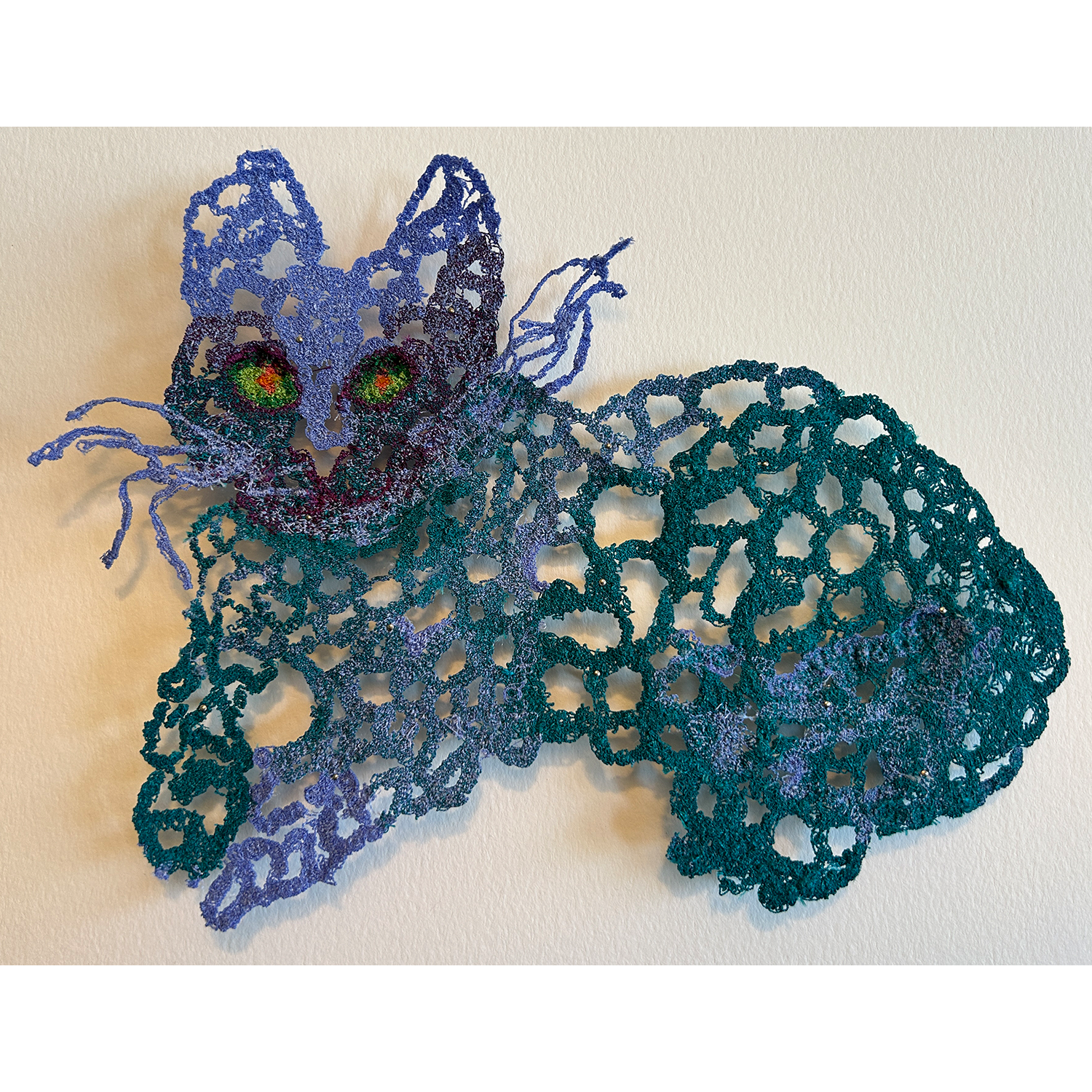 “In Memory of Pabby”, embroidery thread and pins on paper, 2024, 7˝x9˝, frame size 12”x15˝x1.75˝