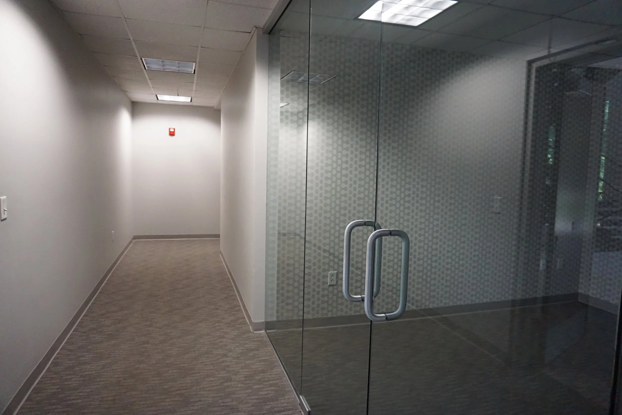 Empty hallway with beige walls, gray carpet, and a glass door with metal handles in an office building.