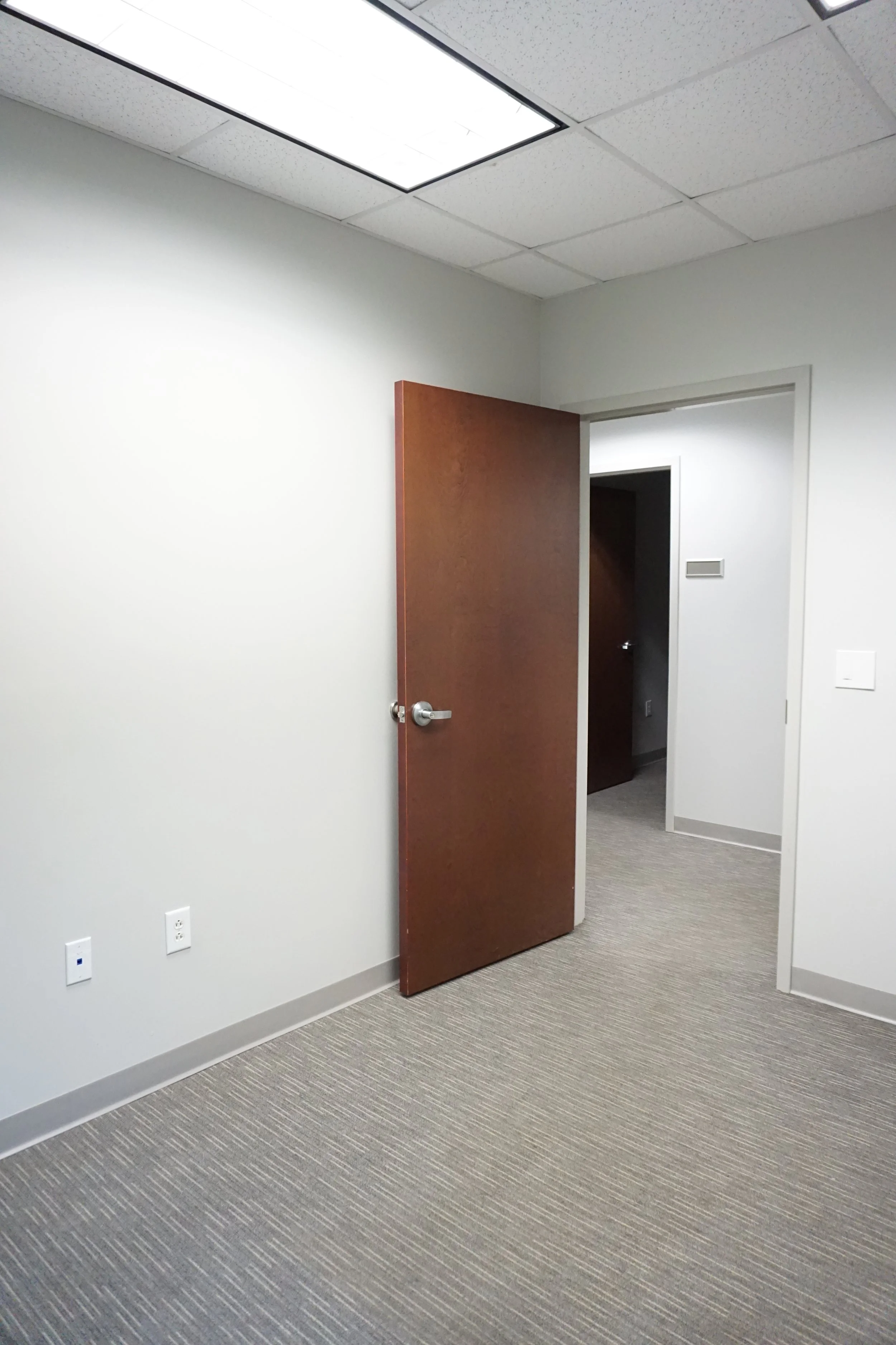 Empty office room with white walls, a brown wooden door, ceiling light panel, and gray carpet.