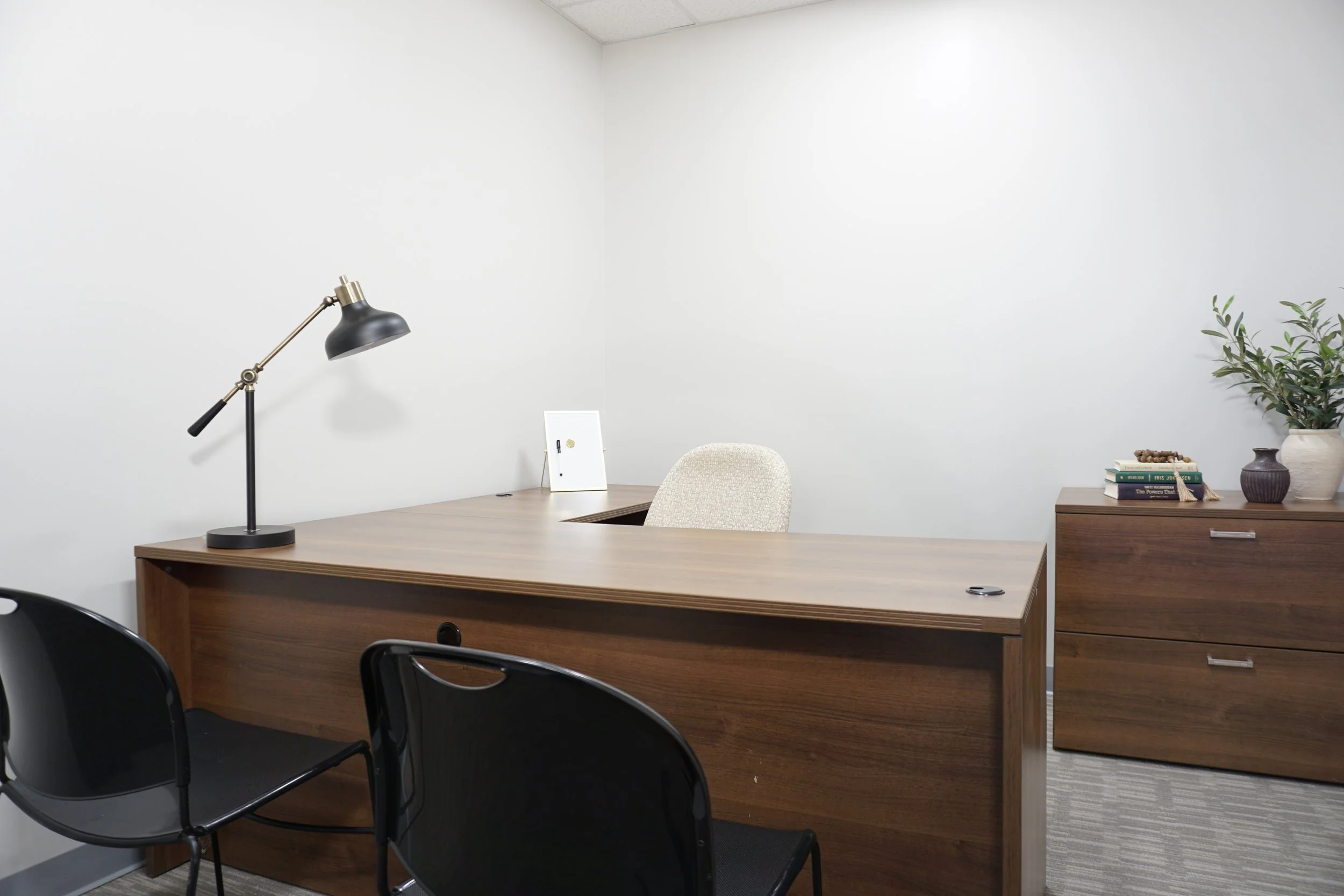 Decorated daily office rental in Raleigh with desk and chairs.