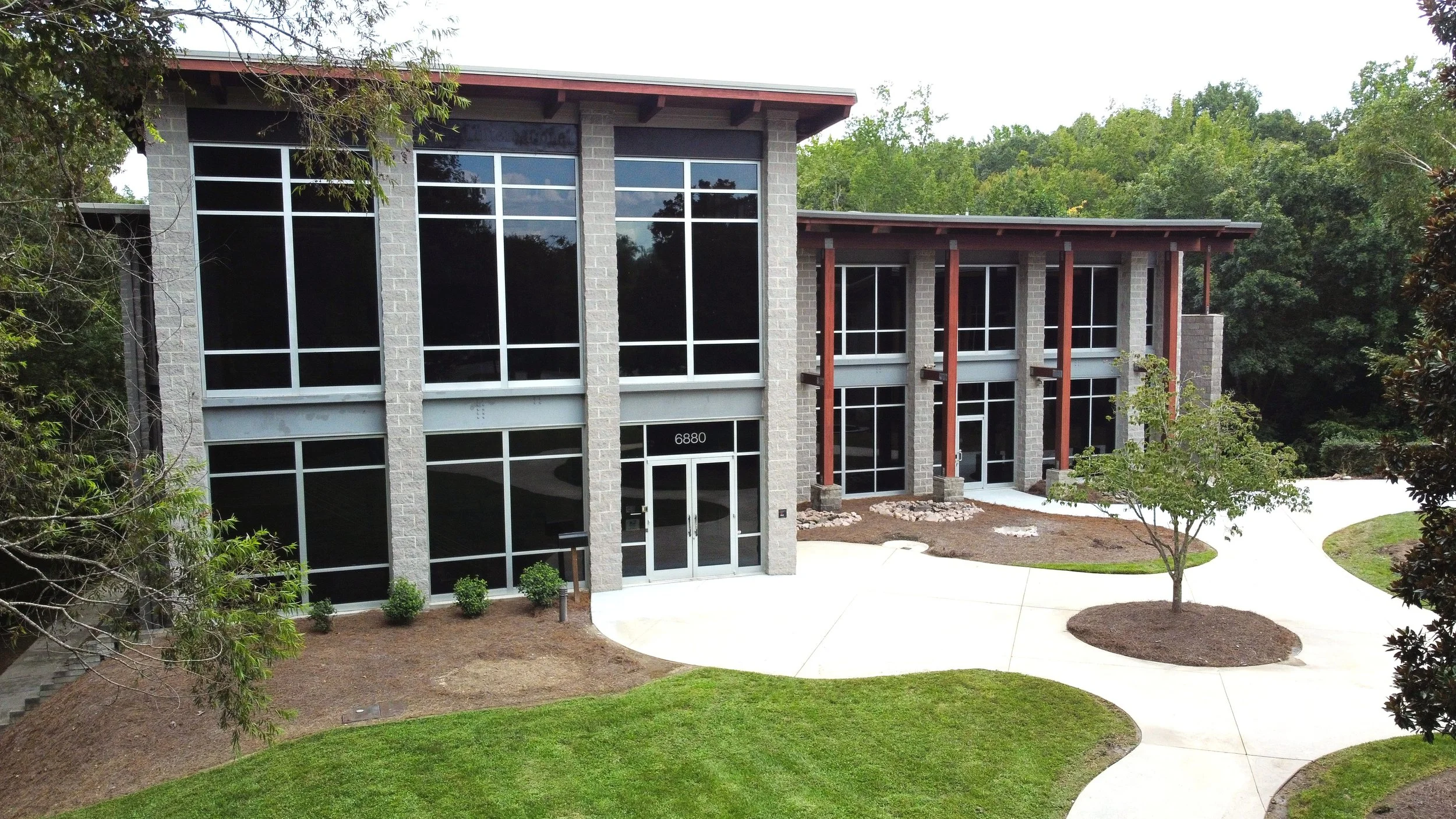 Exterior drone image of The Perry Exchange in North Raleigh