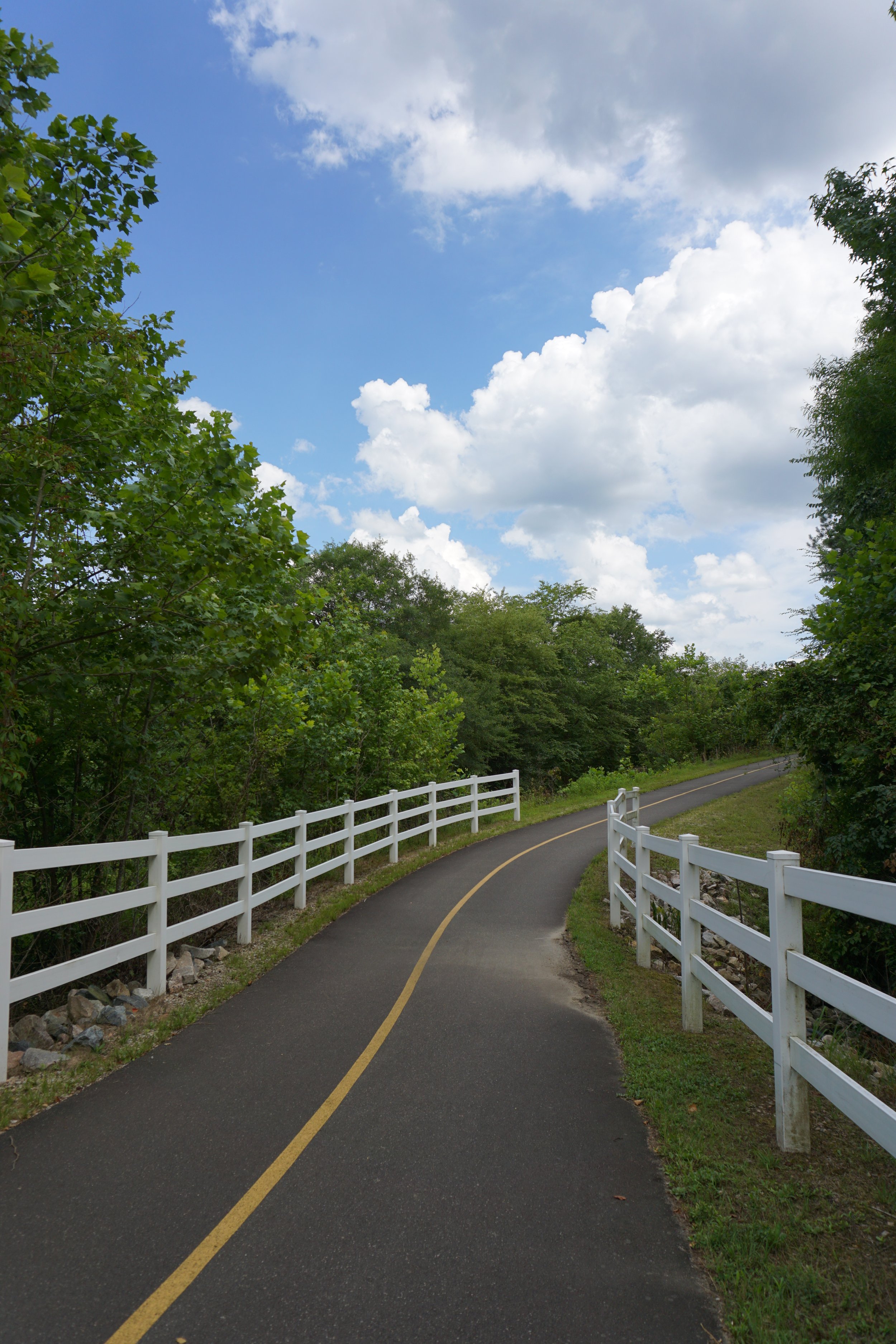 A paved trail with a yellow dividing line curves through a green landscape, flanked by white fences on each side, with blue sky and white clouds above.