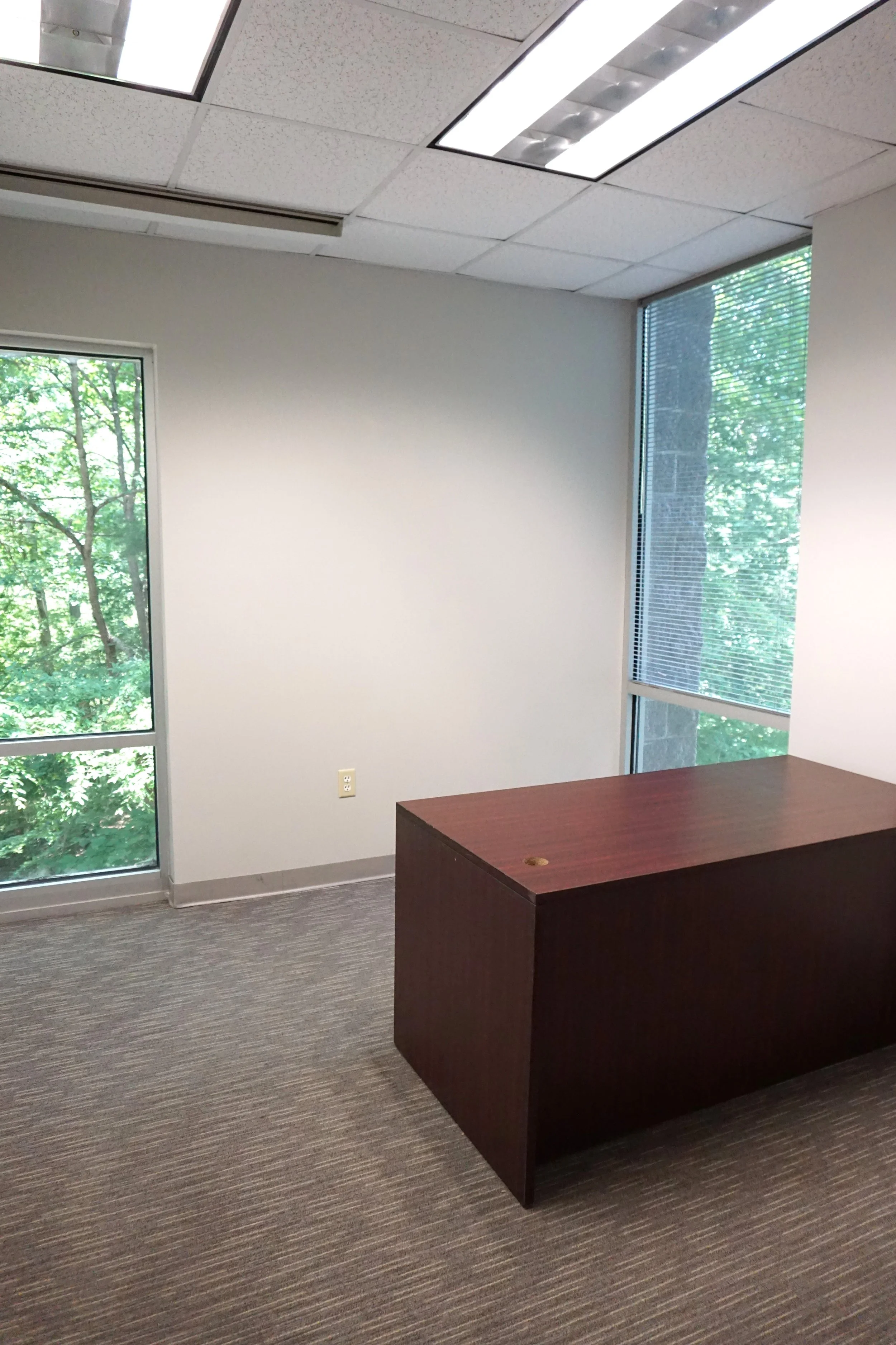 An empty office with two large windows, a wooden desk, and a ceiling with fluorescent light fixtures.