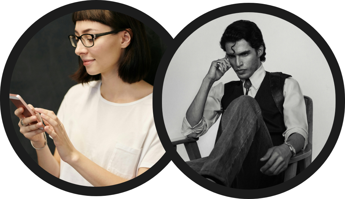 Side view of a woman with dark hair, glasses, and a white shirt using a smartphone, and a black-and-white photo of a man with dark curls, dressed in vintage clothing, sitting in a chair with his hand on his face.