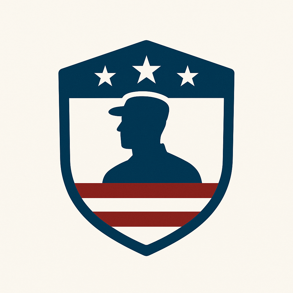 A navy blue shield featuring a silhouette of a man with a cap, three stars at the top, and red and white stripes at the bottom, resembling a patriotic or political emblem.