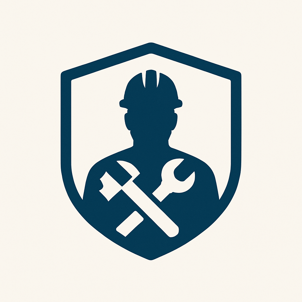 Silhouette of a worker wearing a hard hat inside a shield, with a wrench, hammer, and screwdriver crossed in front.