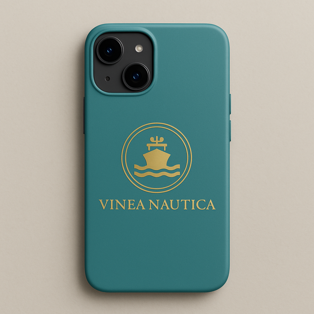 Telefono con custodia blu con logo dorato di una nave e il testo 'Vinea Nautica'