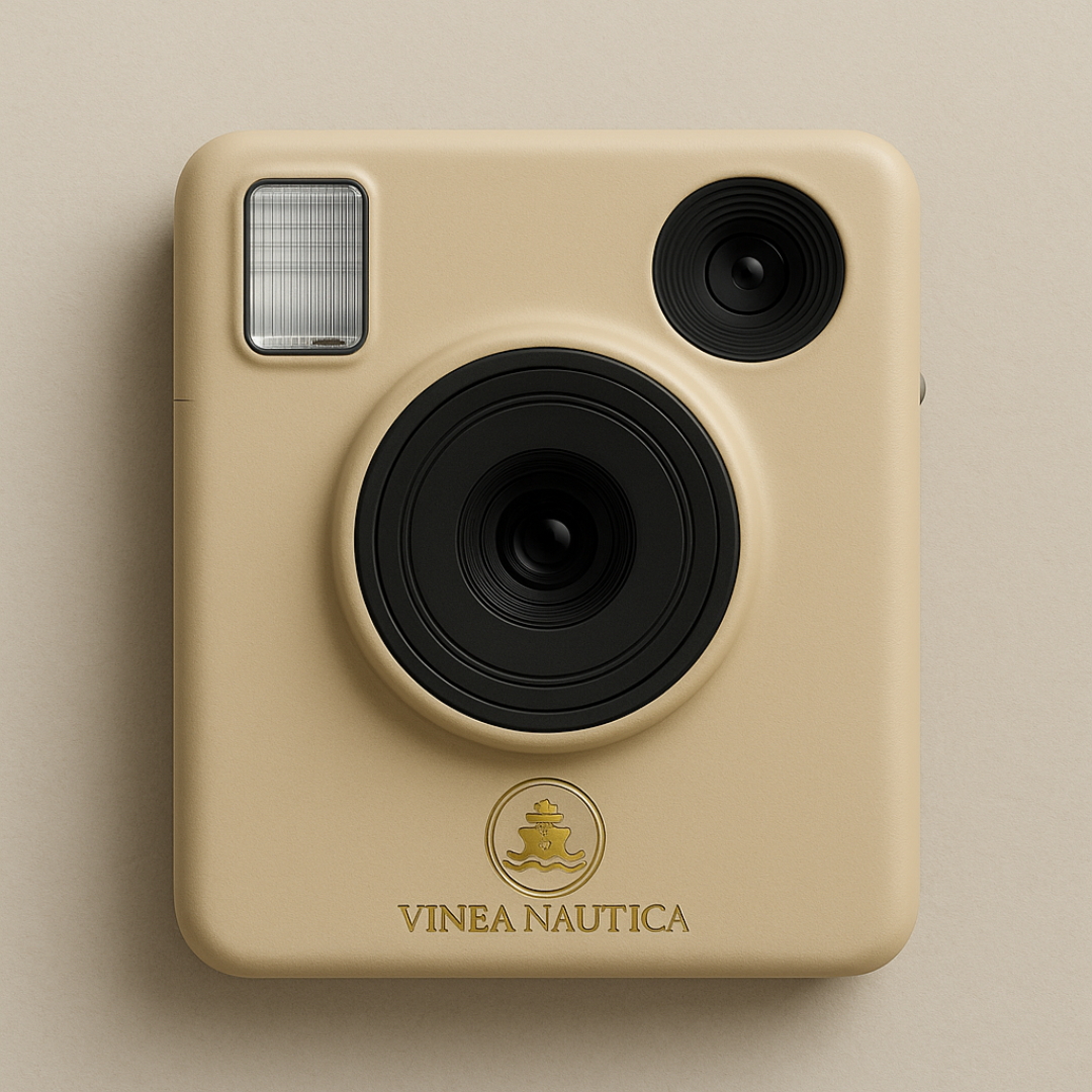 Fotografia di una fotocamera vintage color crema con il logo e il testo 'Vine Nautica' in basso.