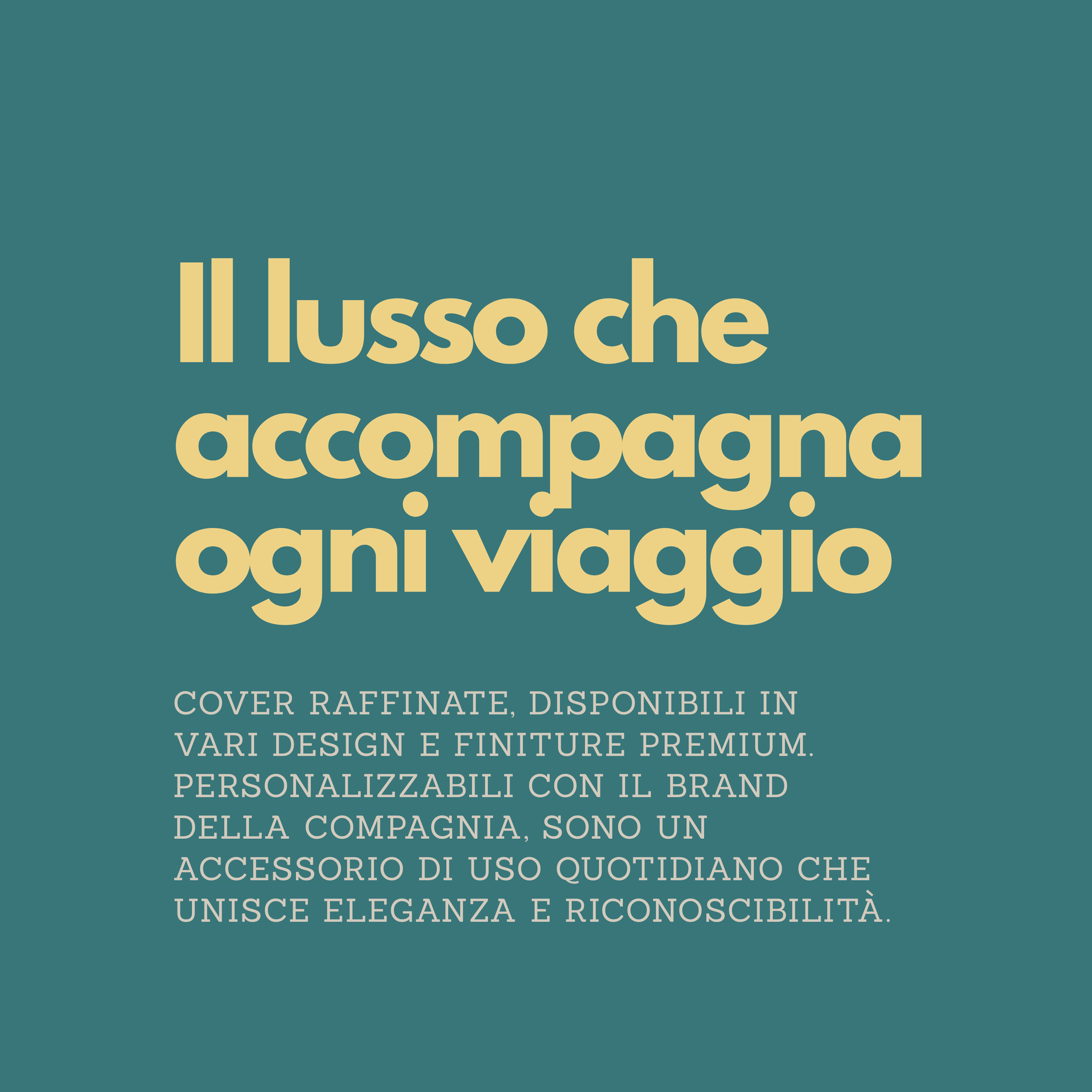 Copertina di un catalogo di cover di lusso per viaggi, con testo in italiano che descrive i prodotti disponibili in vari design, finiture premium e personalizzabili con il brand della compagnia.