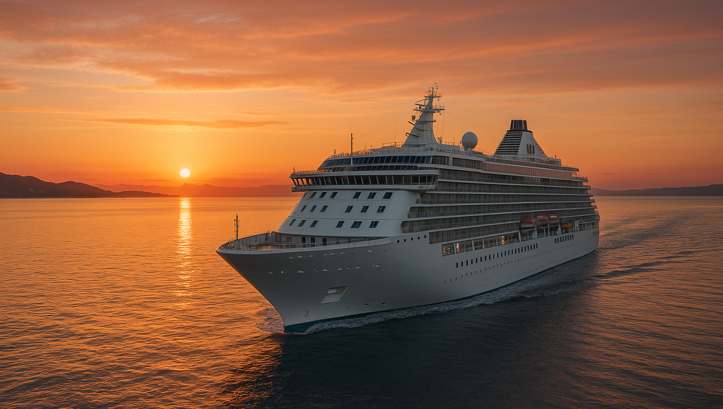 Una grande nave da crociera naviga in mare al tramonto con il sole che tramonta dietro le montagne lontane.